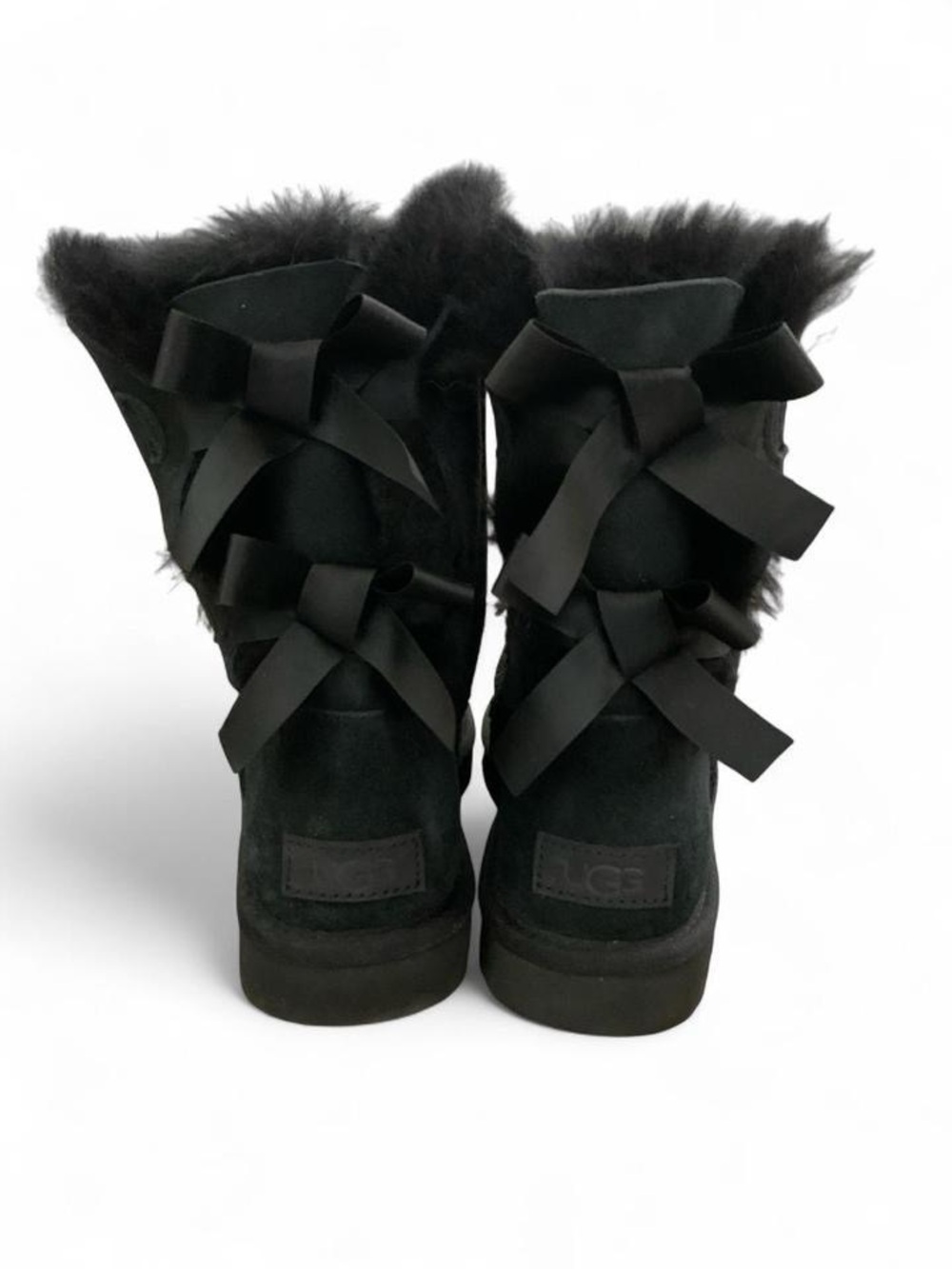 UGG Bailey Bow II Black Suede Boots Twinface Sheepskin Size 6